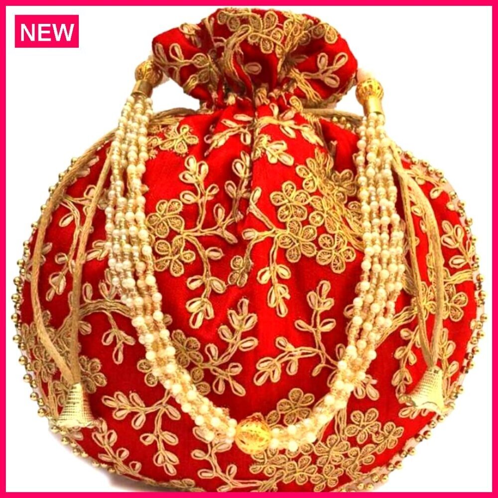 Small Satin Potli Bag with Embroidery, Drawstring Clutch for Weddings